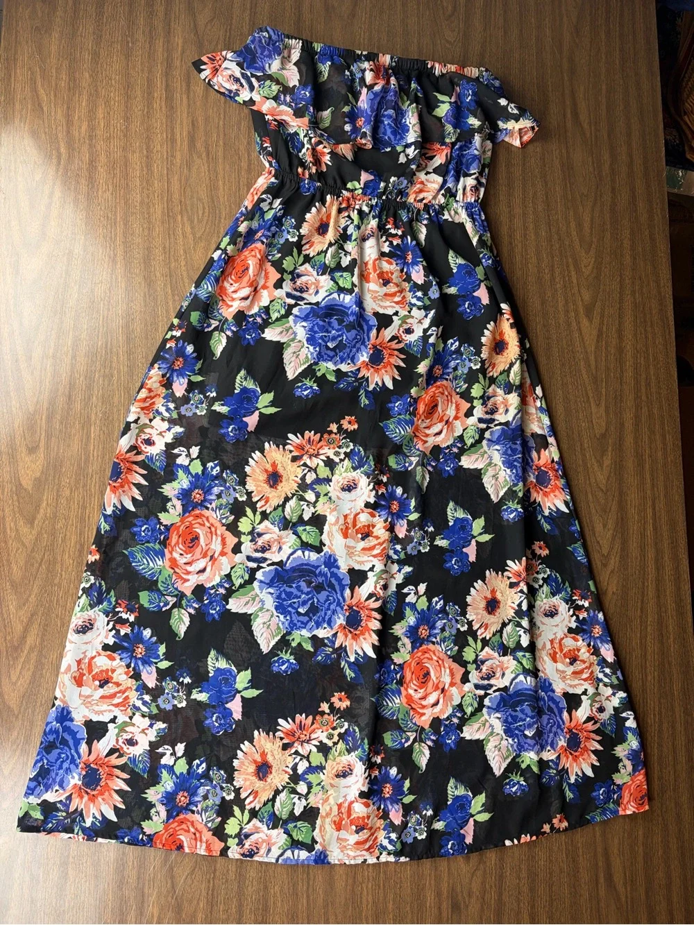 Forever 21 Floral Ruffle Strapless Maxi Dress Long Boho Vacation Fall Sz L EUC